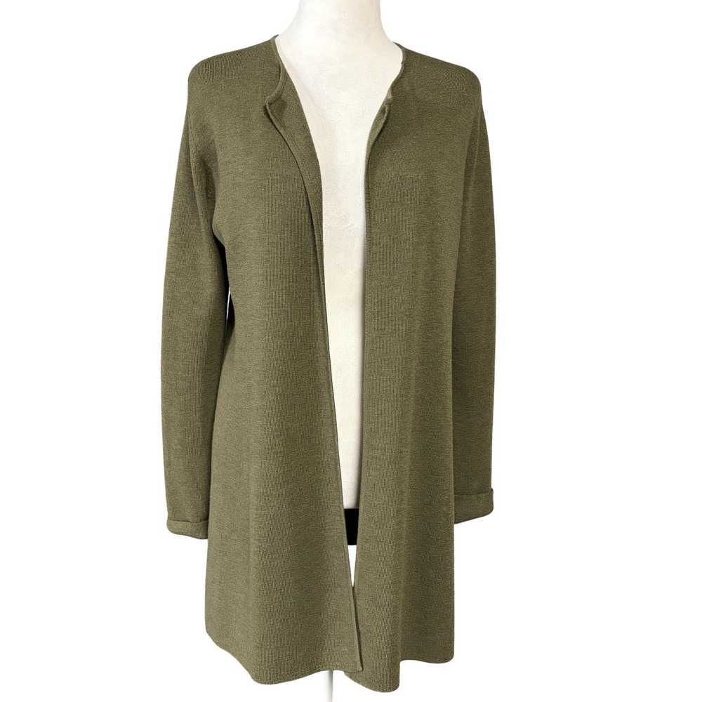 Eileen‎ Fisher Sweater Womens XS Olive Green 100% Wool Open Front Long Cardigan